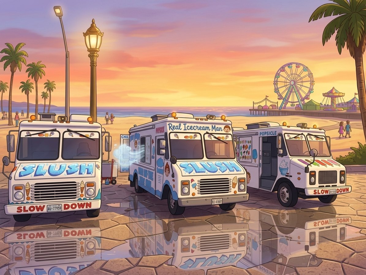 Real Dairy ice cream trucks at a sunny beach pier
