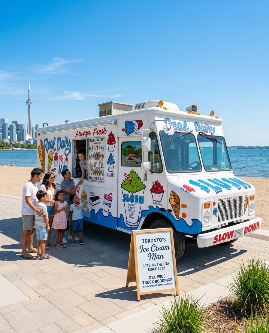 Real Dairy ice cream truck serving families at the beach, with the CN Tower and Toronto skyline behind